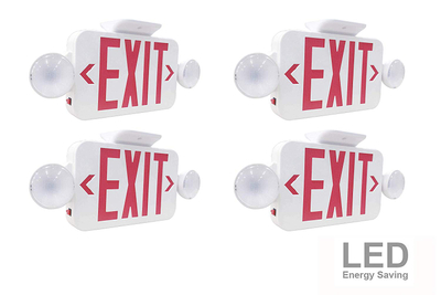 LIT-PaTH LED Combo Emergency EXIT Sign with 2 Adjustable Head Lights And Back Up Batteries- US Standard Red Letter Emergency Exit Lighting, UL 924 And CEC Qualified, 120-277 Voltage (4-Pack)