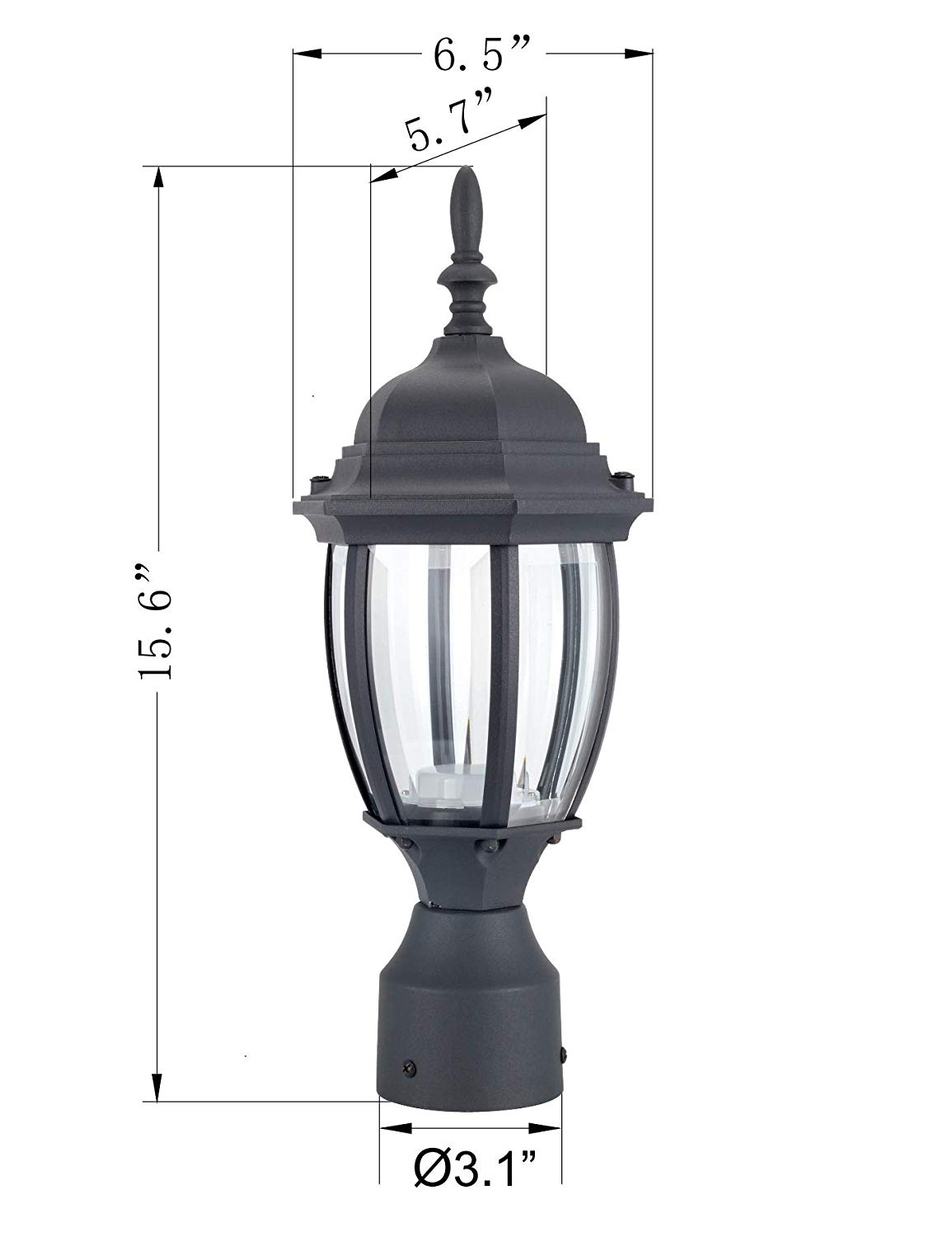 LIT-PaTH LED Outdoor Post Light Pole Lantern Lighting Fixture, 9.5W 800 Lumens, 5000K Daylight White, Aluminum Housing Plus Glass, Matte Black Finish