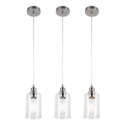 Gruenlich Pendant Lighting Fixture for Kitchen and Dining Room, Hanging Ceiling Lighting Fixture, E26 Medium Base, Metal Construction with Clear Glass, Bulb not Included, 3-Pack (Nickel Finish)